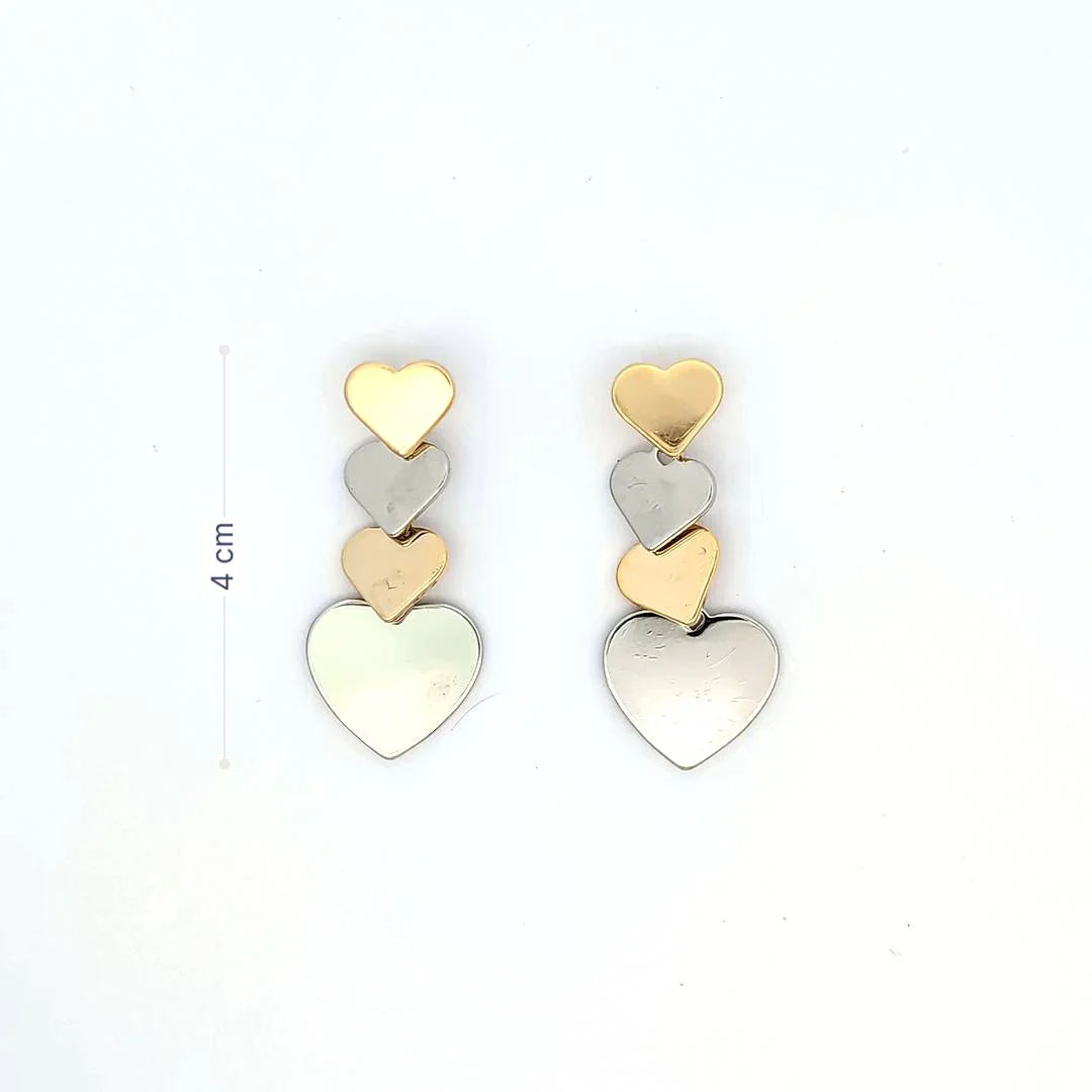 Oorknopjes met 4 hangende hartjes in goud en zilver kleur - Casa Jadel