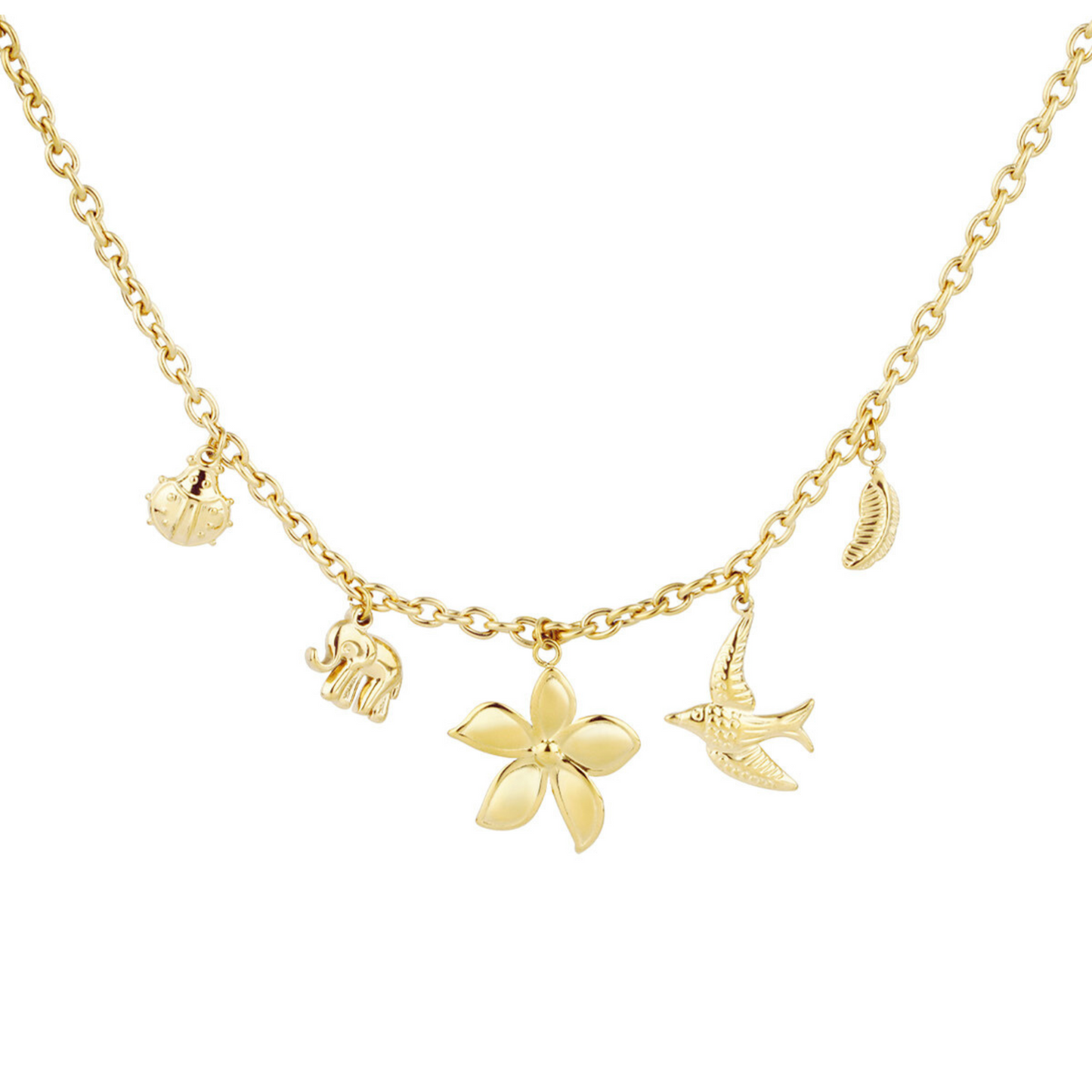 Setje gouden bedel ketting en armband met lieveheersbeestje olifant bloem vogel blad