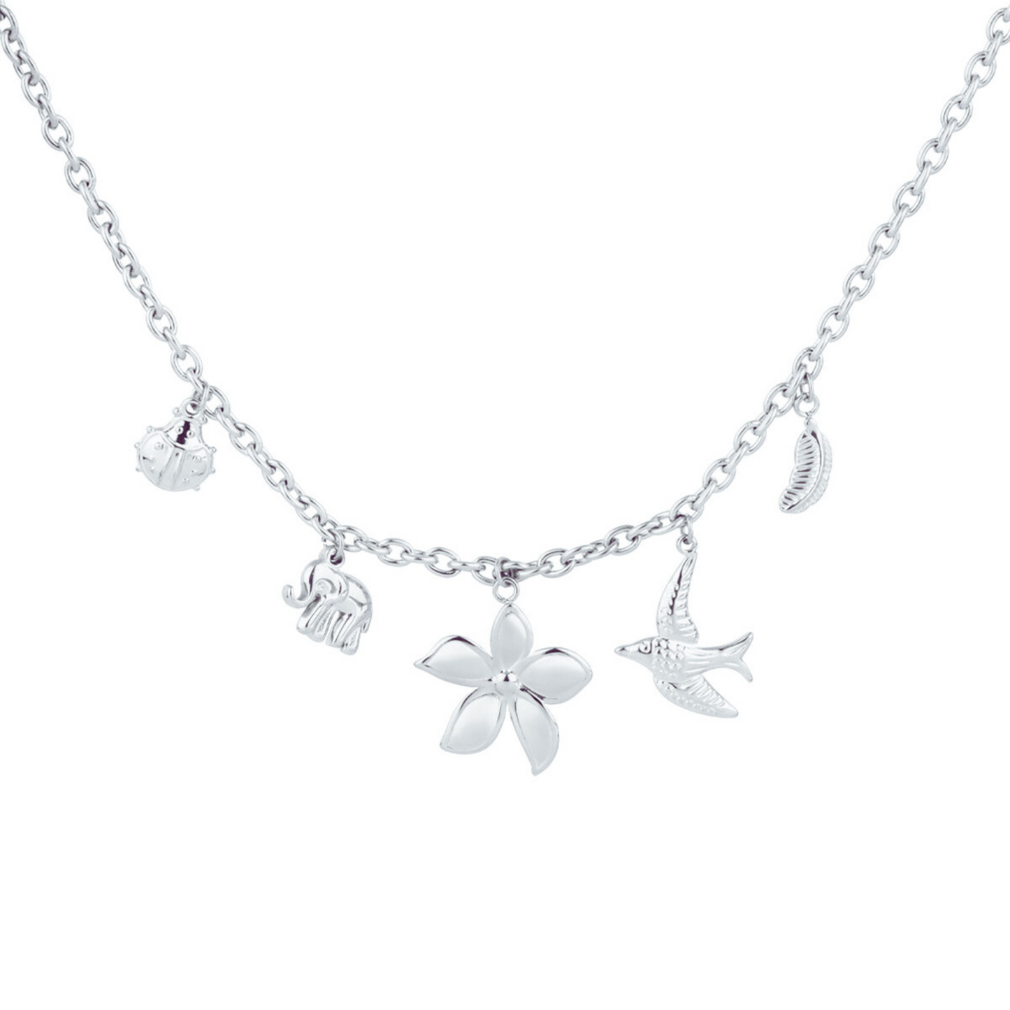 Setje zilveren bedel ketting en armband met lieveheersbeestje olifant bloem vogel blad
