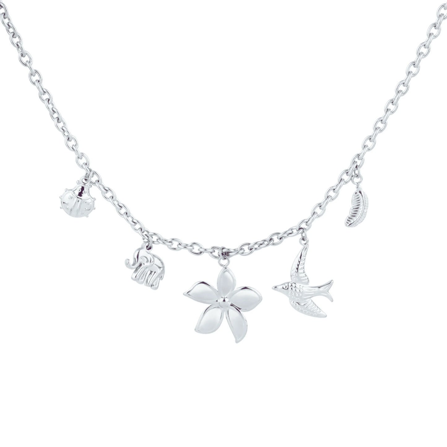Setje zilveren bedel ketting en armband met lieveheersbeestje olifant bloem vogel blad - Casa Jadel