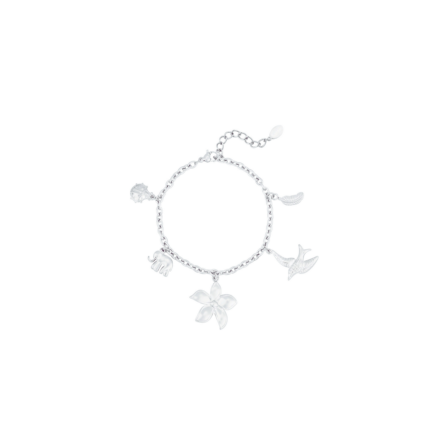 Setje zilveren bedel ketting en armband met lieveheersbeestje olifant bloem vogel blad