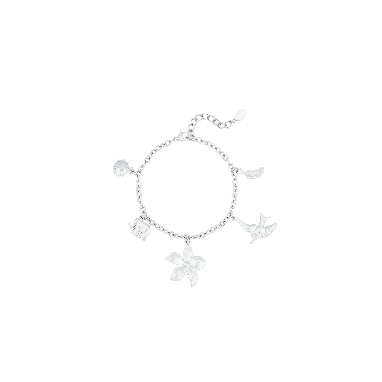 Setje zilveren bedel ketting en armband met lieveheersbeestje olifant bloem vogel blad - Casa Jadel
