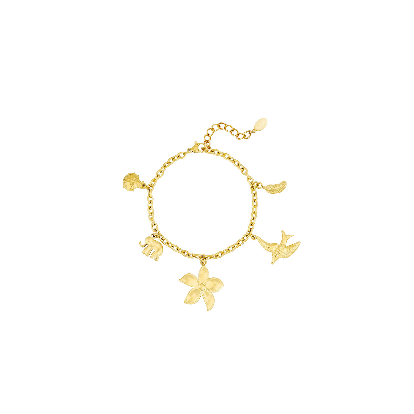 Setje gouden bedel ketting en armband met lieveheersbeestje olifant bloem vogel blad