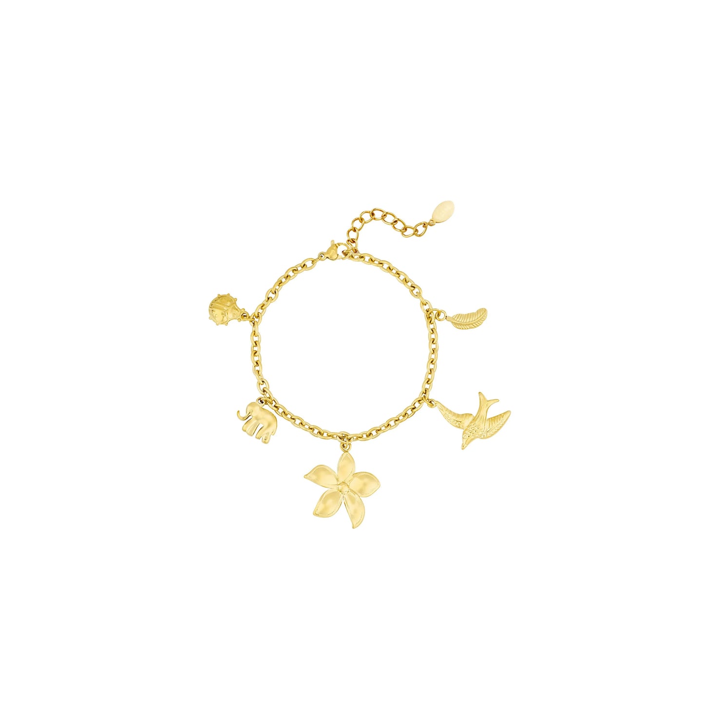 Setje gouden bedel ketting en armband met lieveheersbeestje olifant bloem vogel blad - Casa Jadel