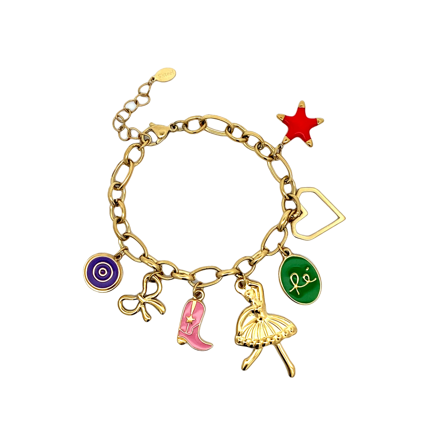 Setje gouden bedel ketting en armband bedeltjes ballerina cowboylaars hartje strikje - Casa Jadel