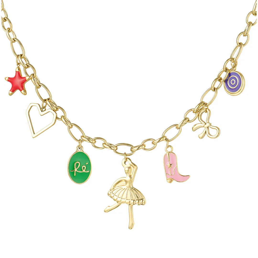 Setje gouden bedel ketting en armband bedeltjes ballerina cowboylaars hartje strikje - Casa Jadel