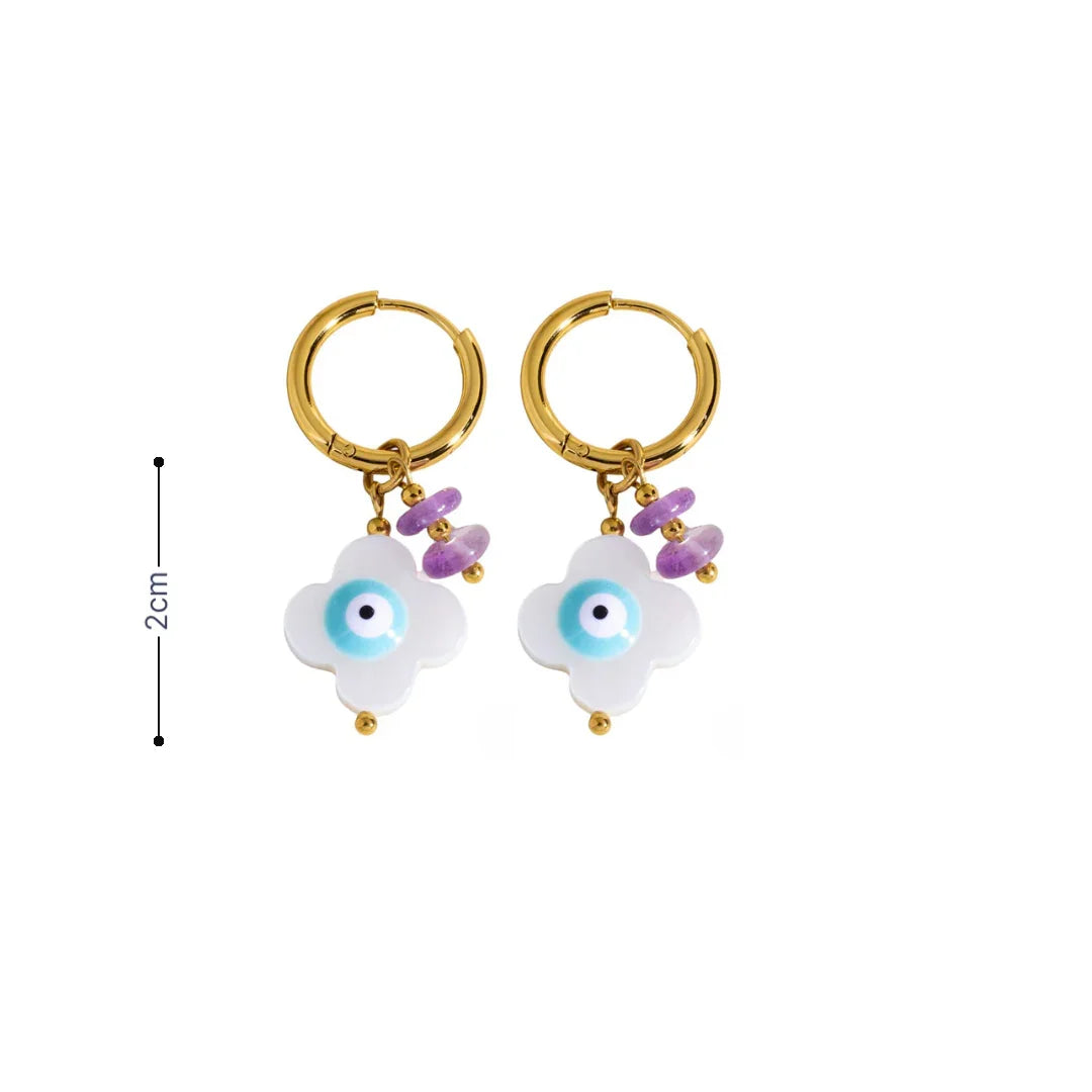 Gouden oorringetjes clover met oog paarse kraaltjes - Casa Jadel