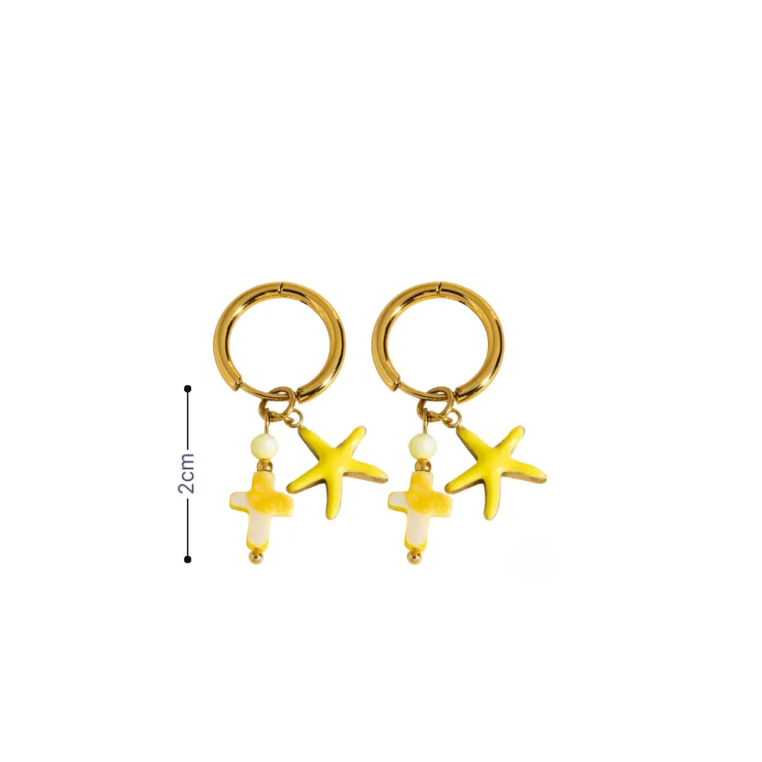 Gouden oorringetjes gele zeester wit geel kruis - Casa Jadel