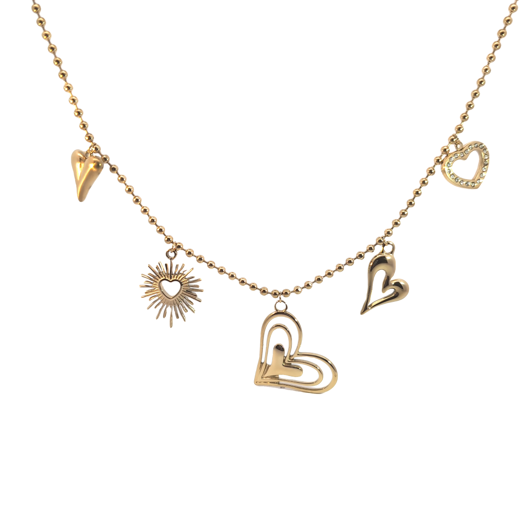 Gouden balletjes schakel ketting met 5 verschillende hartjes