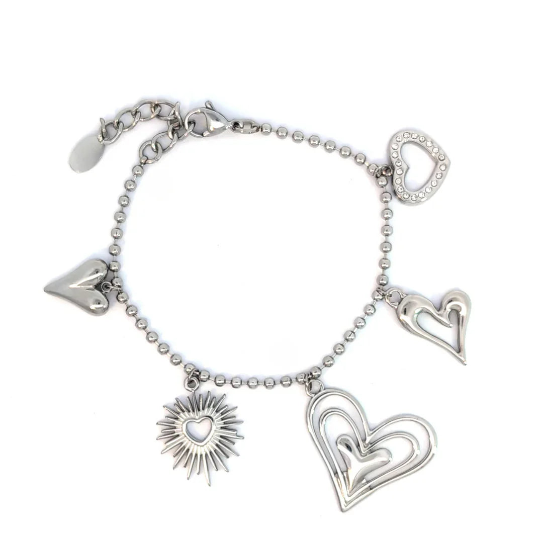 Zilveren balletjes schakel armband met 5 verschillende hartjes - Casa Jadel