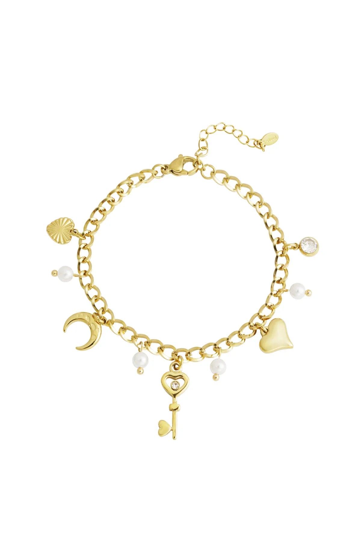 Gouden bedel armbandje met parel kraaltjes hartjes maan sleuteltje - Casa Jadel