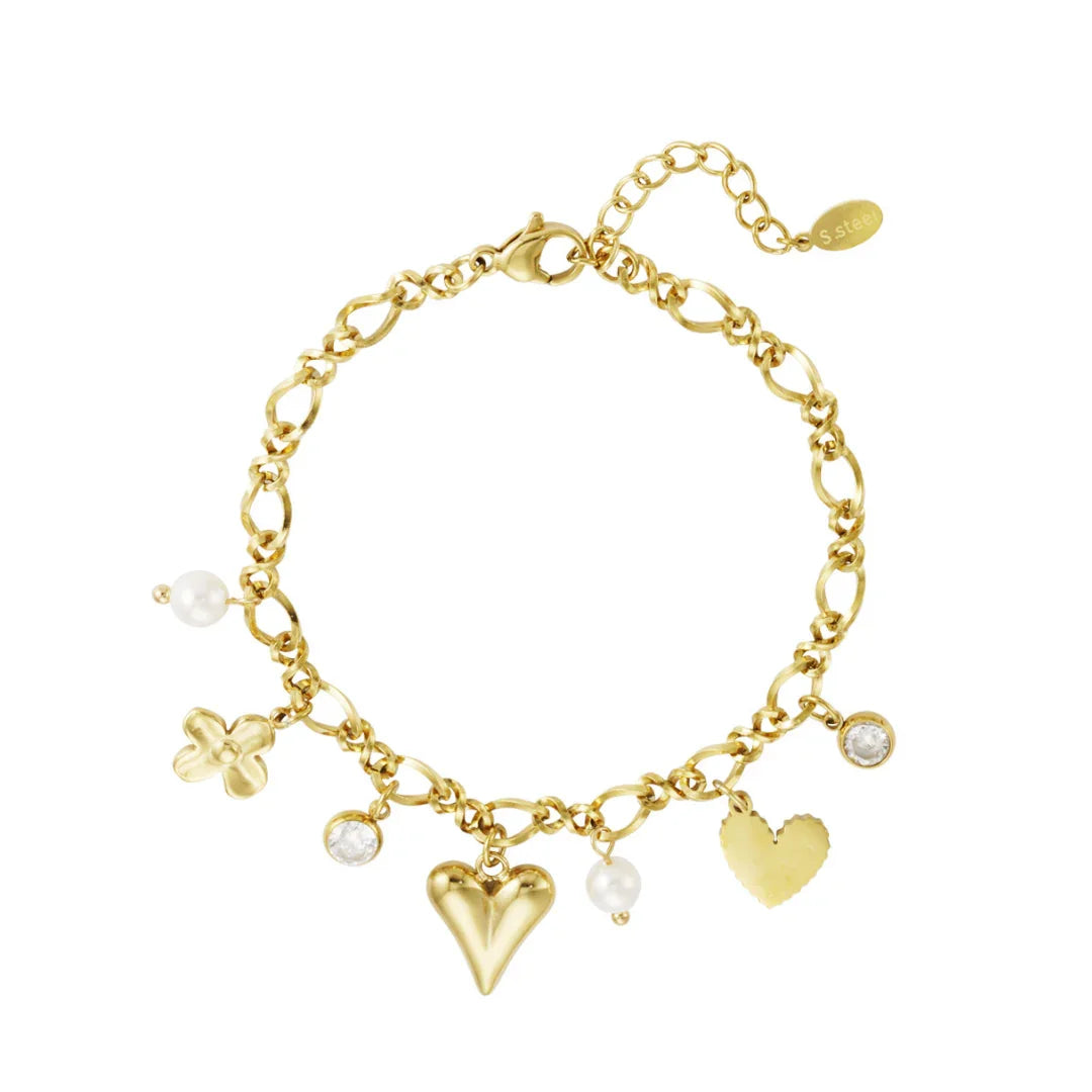 Gouden bedel armband met hartjes bloemetje parel kraaltjes en strass - Casa Jadel