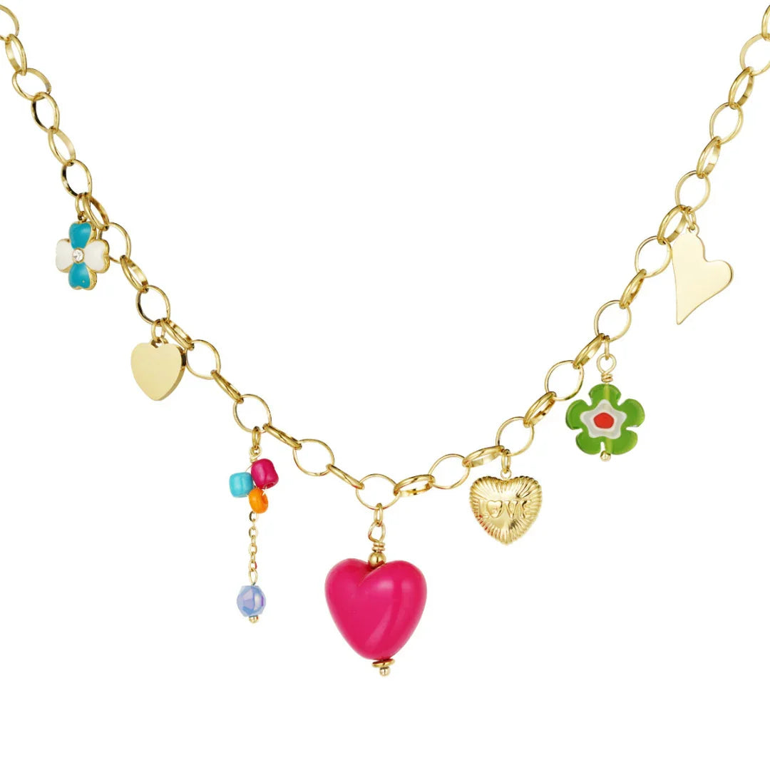 Gouden schakelketting met roze hart gouden hartjes en bloemetjes - Casa Jadel