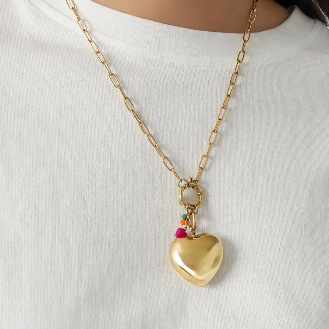 Gouden ketting met big heart, slotje, roze oranje groen kraaltje - Casa Jadel