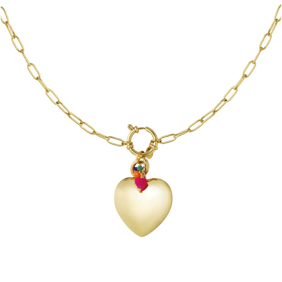 Gouden ketting met big heart, slotje, roze oranje groen kraaltje - Casa Jadel