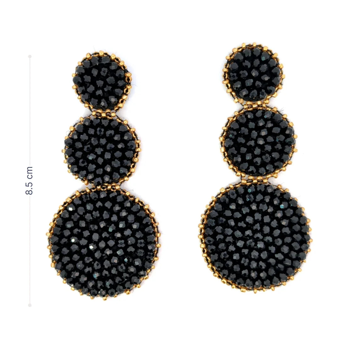Oorknopjes 3 rondjes met zwarte kraaltjes goud afgezet - Casa Jadel