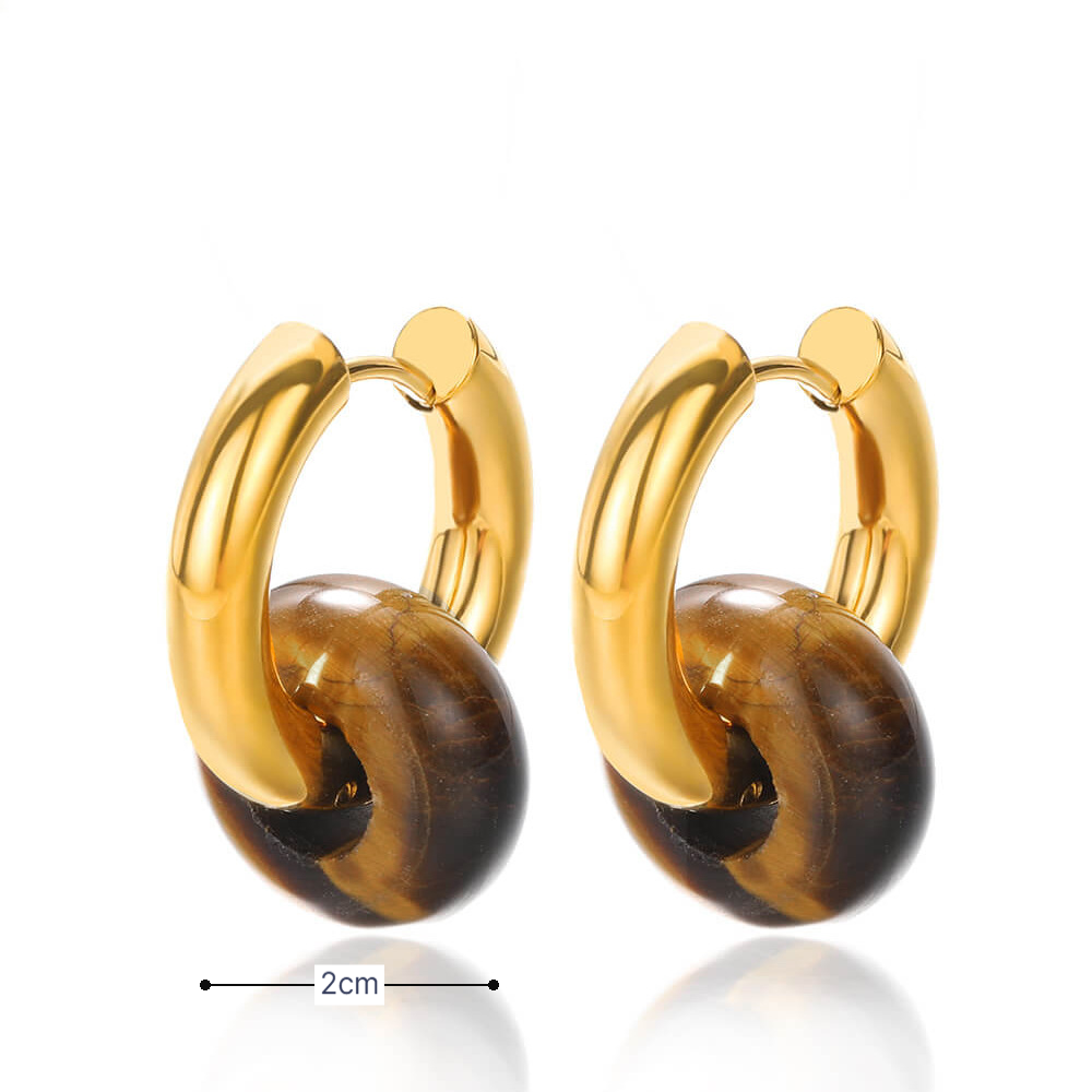 Gouden oorringen met bruin zwarte natuursteen donut