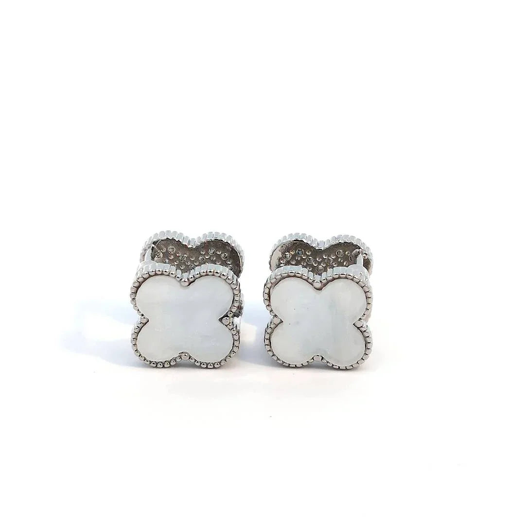 Clover oorknopjes zilver met wit andere kant met kleine witte kristallen - Casa Jadel