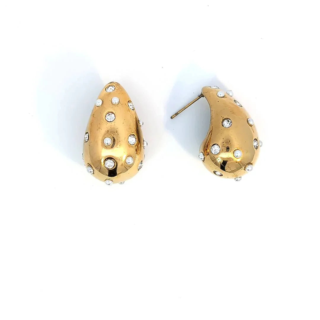 Gouden druppel oorknopjes met strass en pareltjes - Casa Jadel