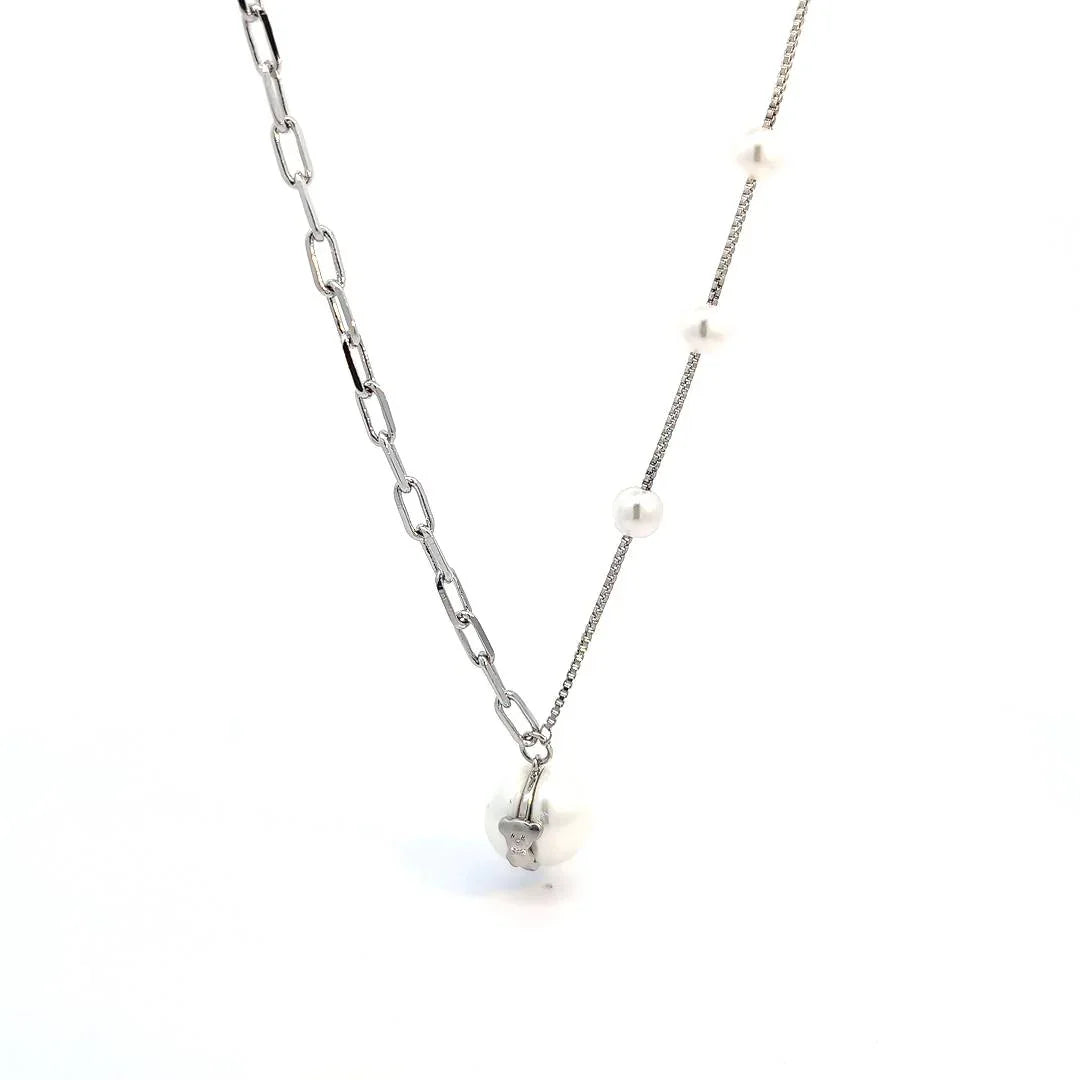 Combi zilveren ketting met fijne en grote schakels met parels en een parel hanger - Casa Jadel