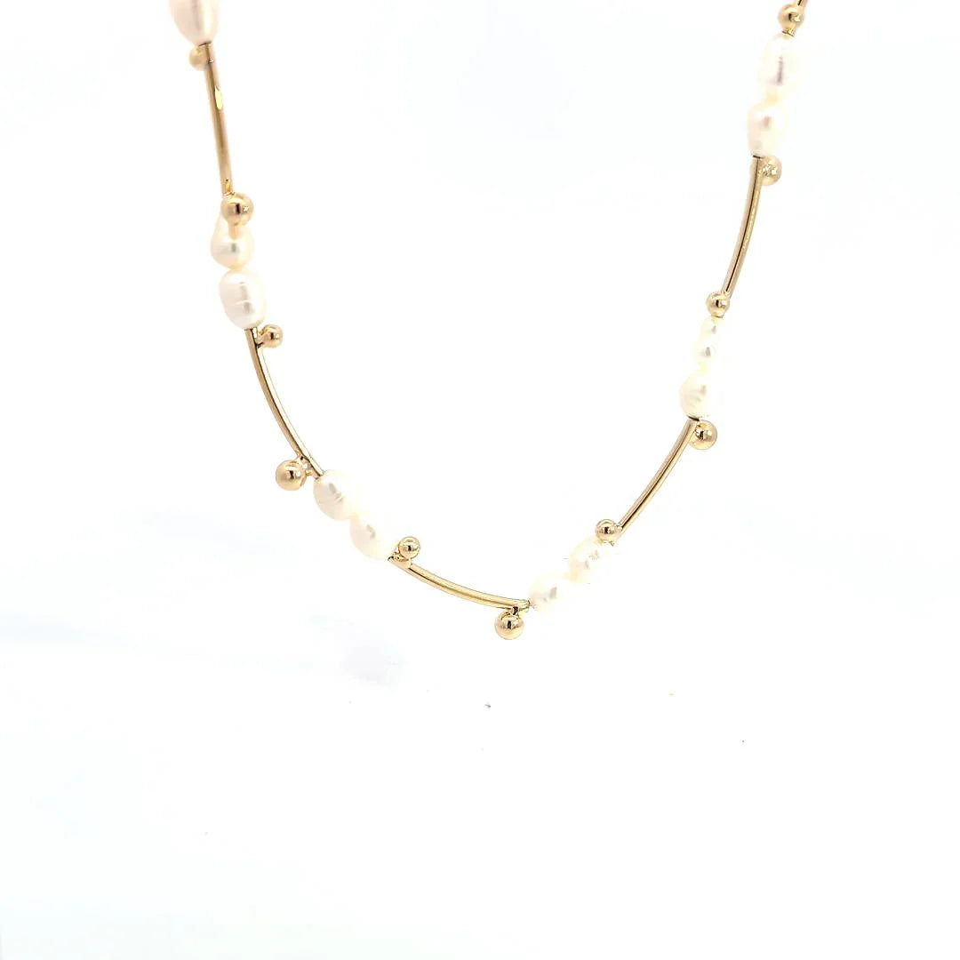 Ketting goud met afgewisseld zoetwater parels met gouden staafjes met een knopje - Casa Jadel
