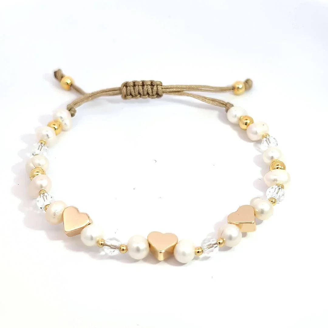 Verstelbare armband met gouden hartjes kraaltjes en pareltjes - Casa Jadel