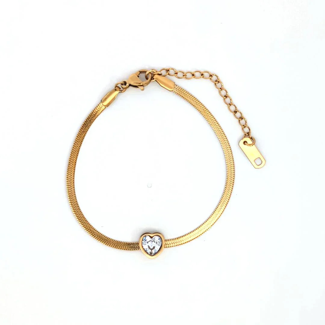 Platte slangen schakelarmband met wit hartje - Casa Jadel