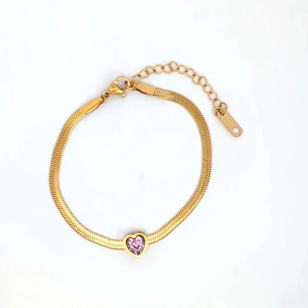 Platte slangen schakelarmband met roze hartje - Casa Jadel