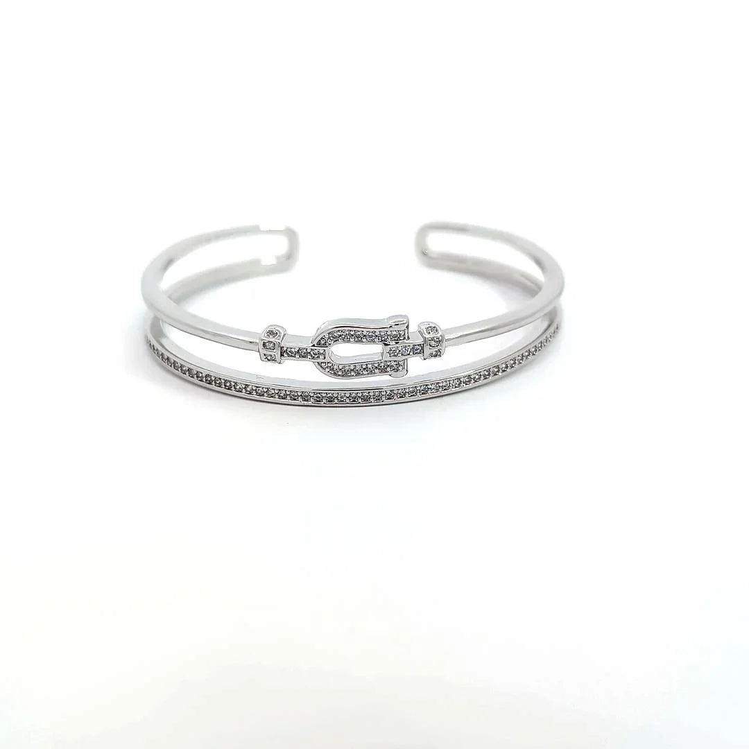 Dubbele zilveren bangle armband met strass en een gesp - Casa Jadel