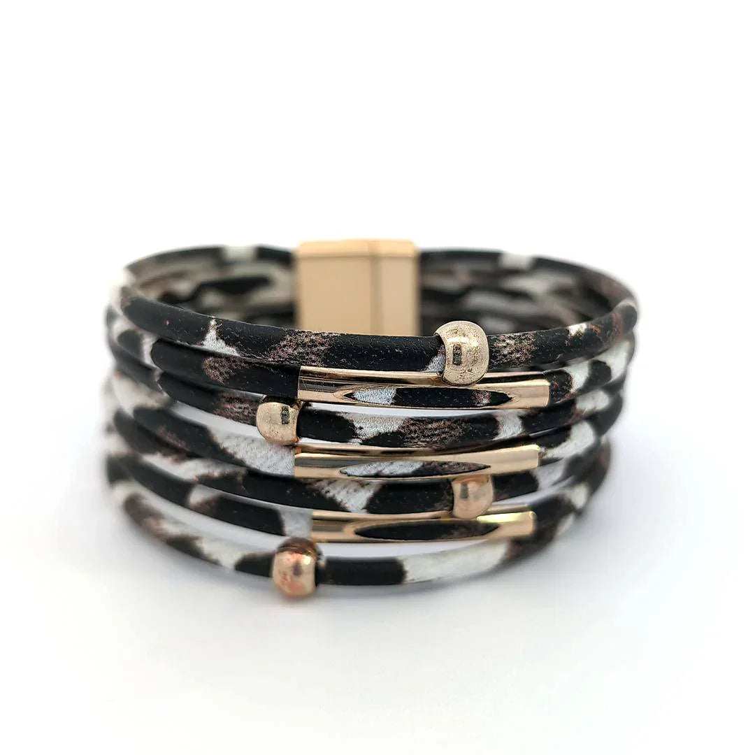 7-delige lederen armband met witte panterprint - Casa Jadel