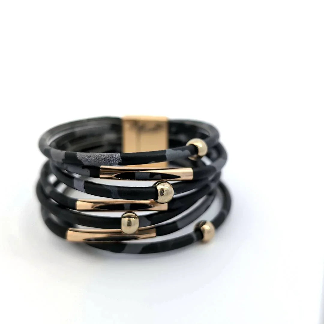 7-delige lederen armband met grijze panterprint - Casa Jadel