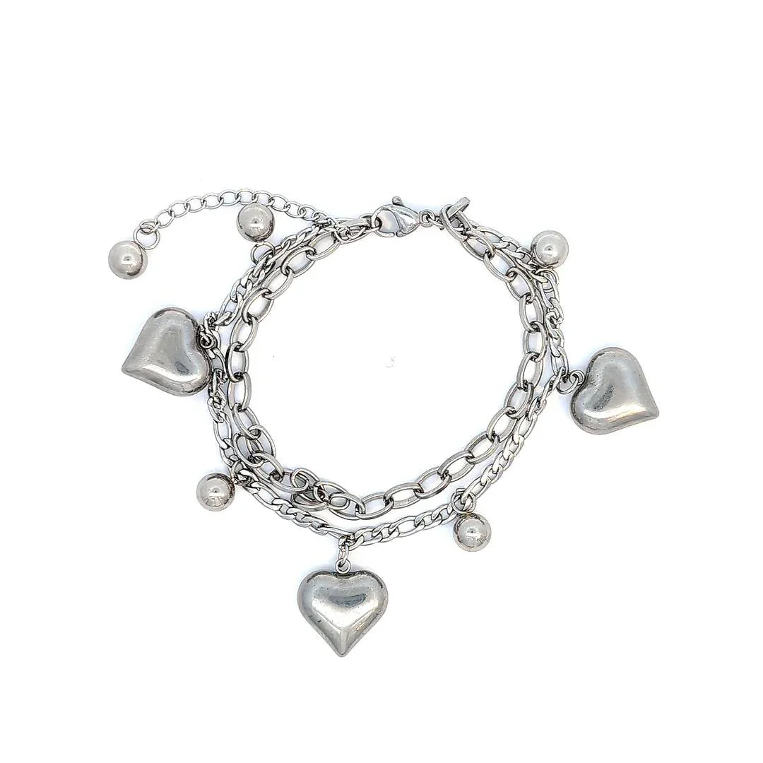 Dubbele zilveren schakel armband met hartjes en balletjes - Casa Jadel