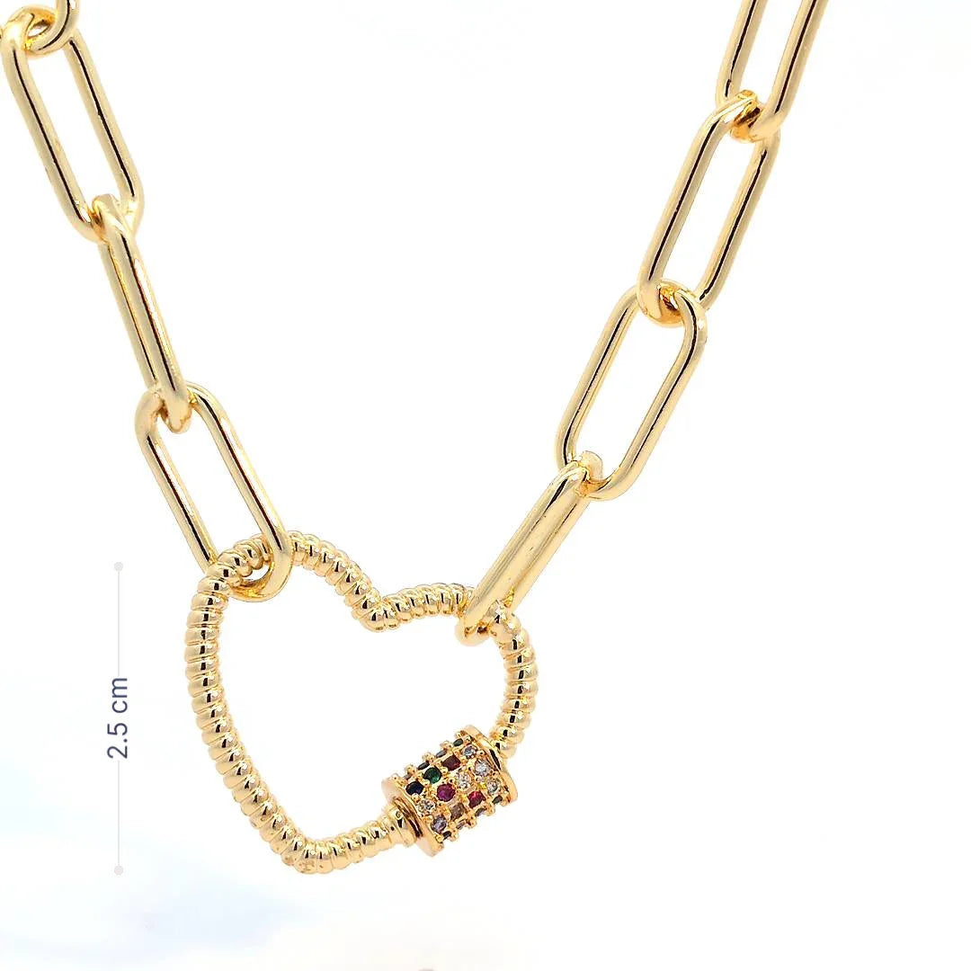 Gouden ketting met grote schakel en hart bedel met gekleurde draai sluiting van zirkonen - Casa Jadel