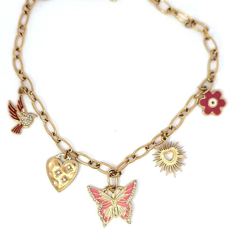 Schakelketting goud met 5 bedels met roze vlinder met strass in het midden - Casa Jadel
