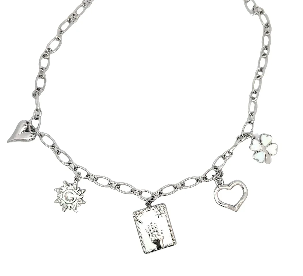 Schakel ketting zilver met 5 bedels witte raise your hand in het midden - Casa Jadel