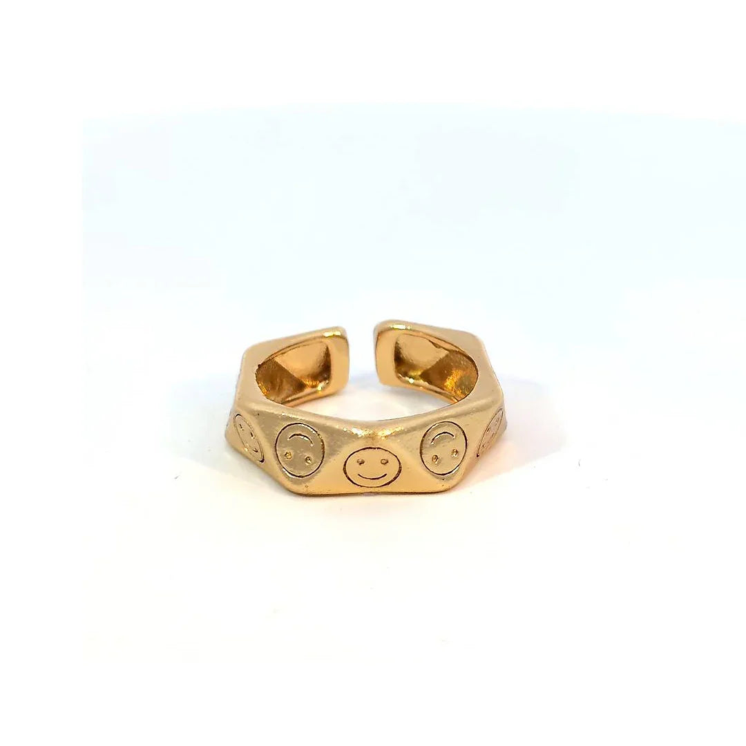 Verstelbare brede gouden ring met smiley's - Casa Jadel