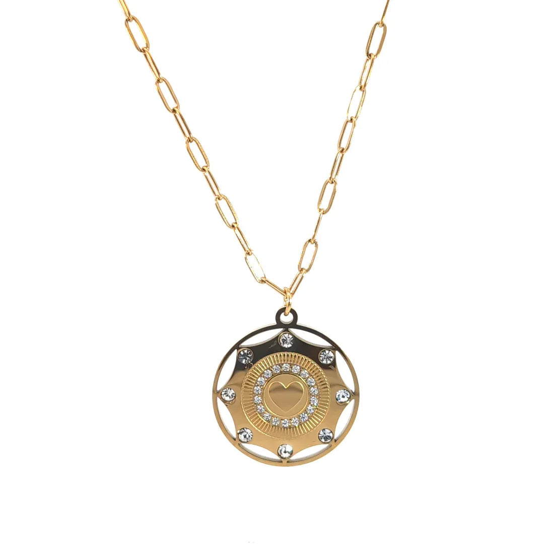 Gouden ketting met bedel met hartjes en 2 rijen strass - Casa Jadel