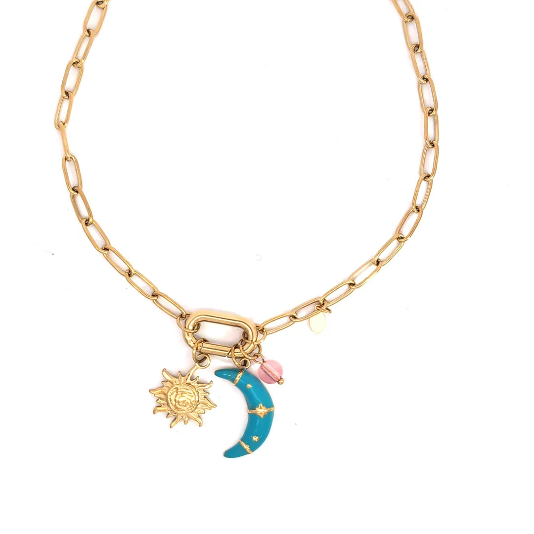 Gouden schakel ketting met bedels turquoise maan zon en roze kraal - Casa Jadel