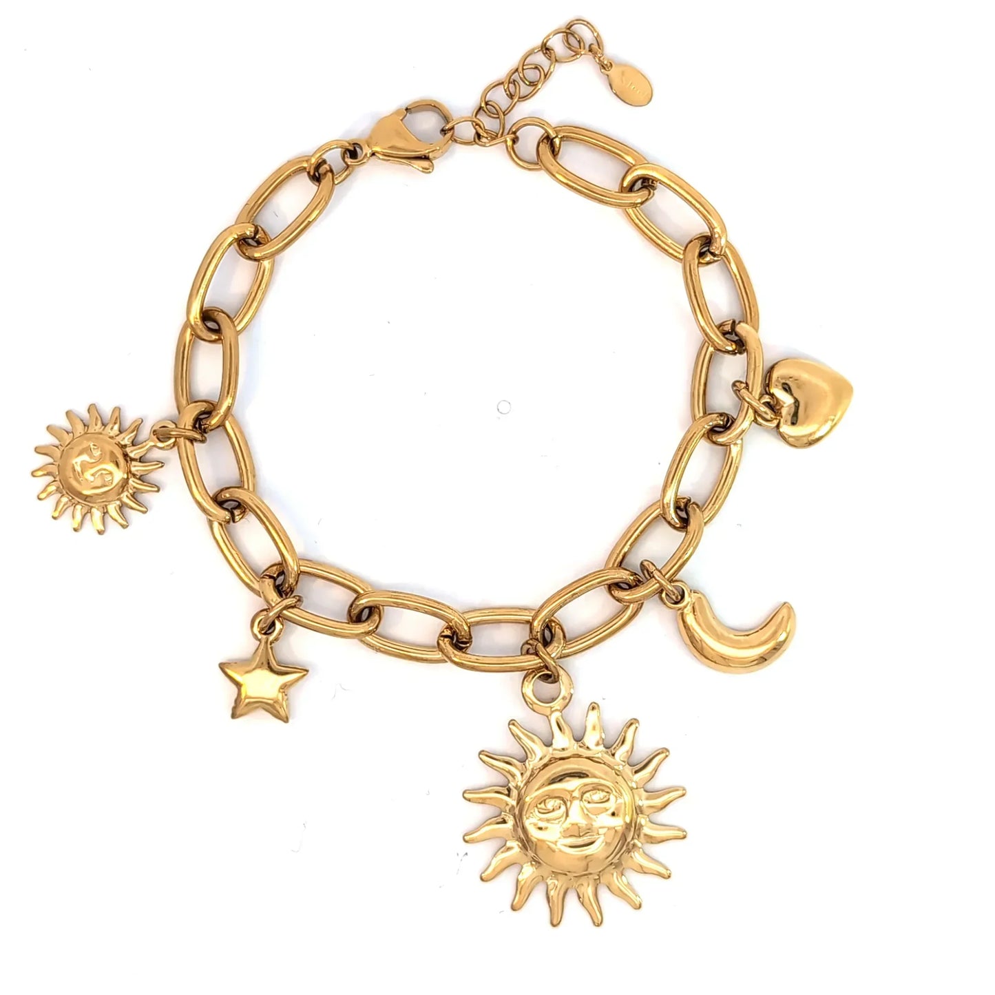 Setje gouden schakel ketting en armband met 5 bedels zon maan ster en hartje - Casa Jadel