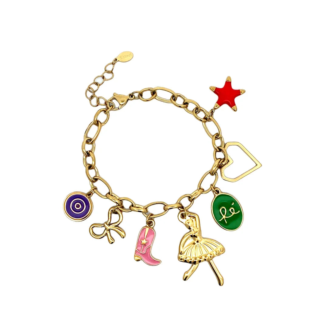 Gouden armband met bedeltjes ballerina cowboylaars hartje strikje - Casa Jadel