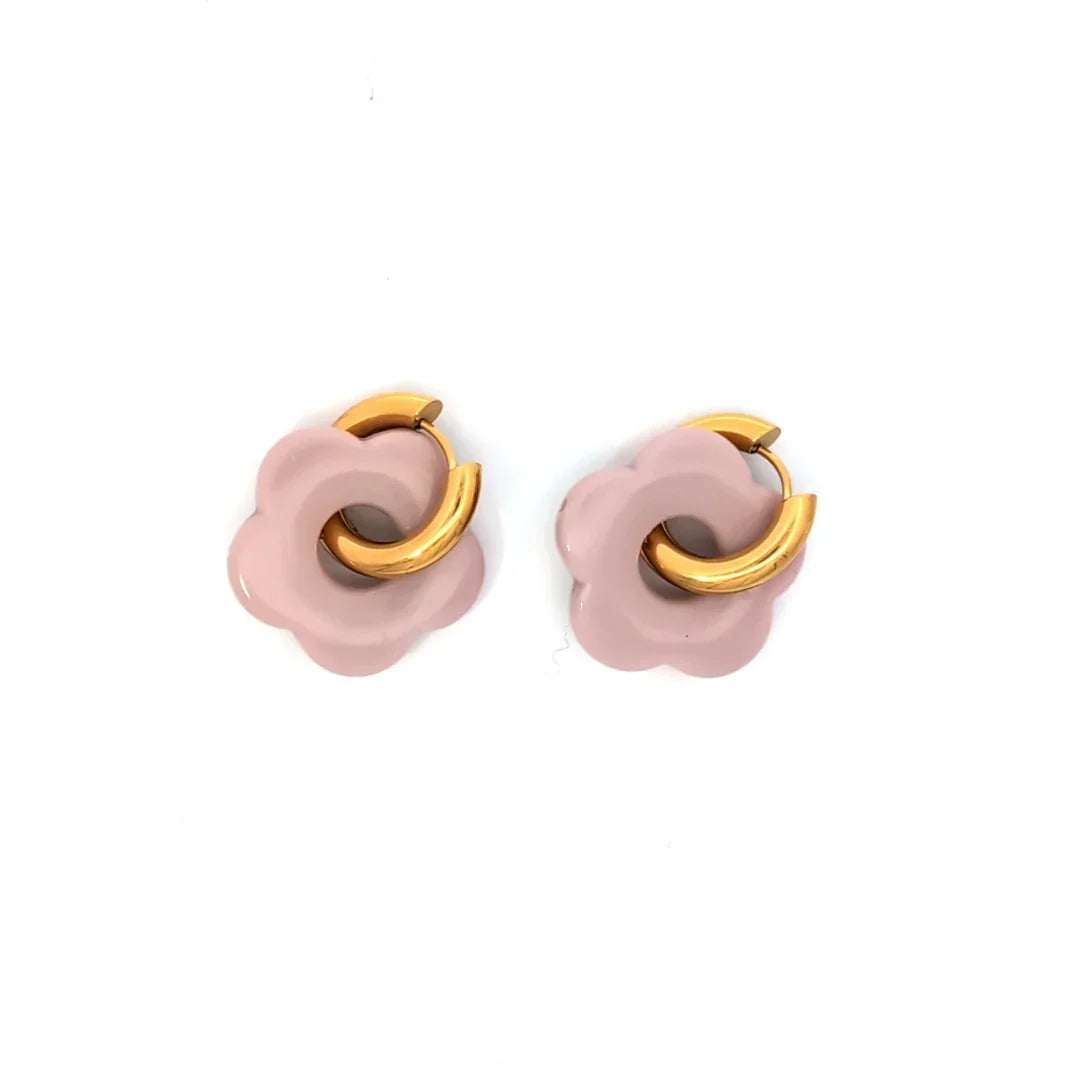 Gouden oorringetje met roze bloem - Casa Jadel