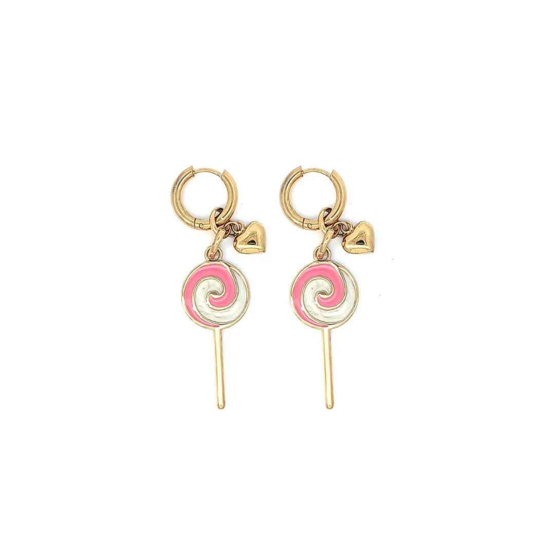 Oorringetjes goud met 2 bedels een gouden hartje en een lolly met een rose en witte draai - Casa Jadel