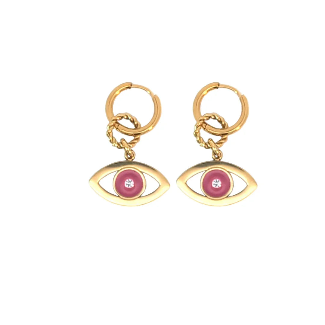 Oorringetjes goud met roze devil eye - Casa Jadel