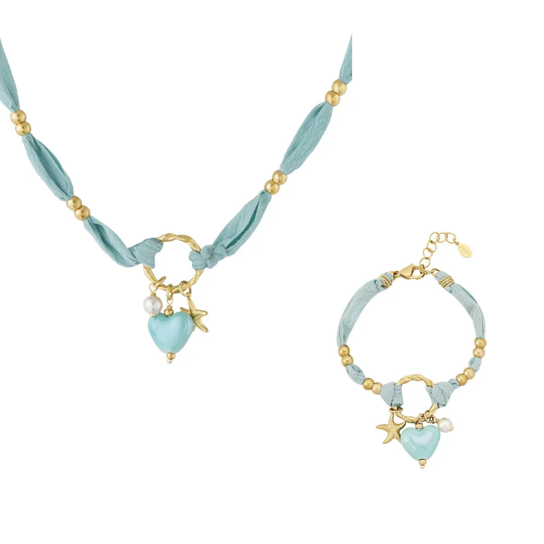 Setje licht blauwe armband ketting van stof met blauw hart gouden zeester en parelkraaltje - Casa Jadel