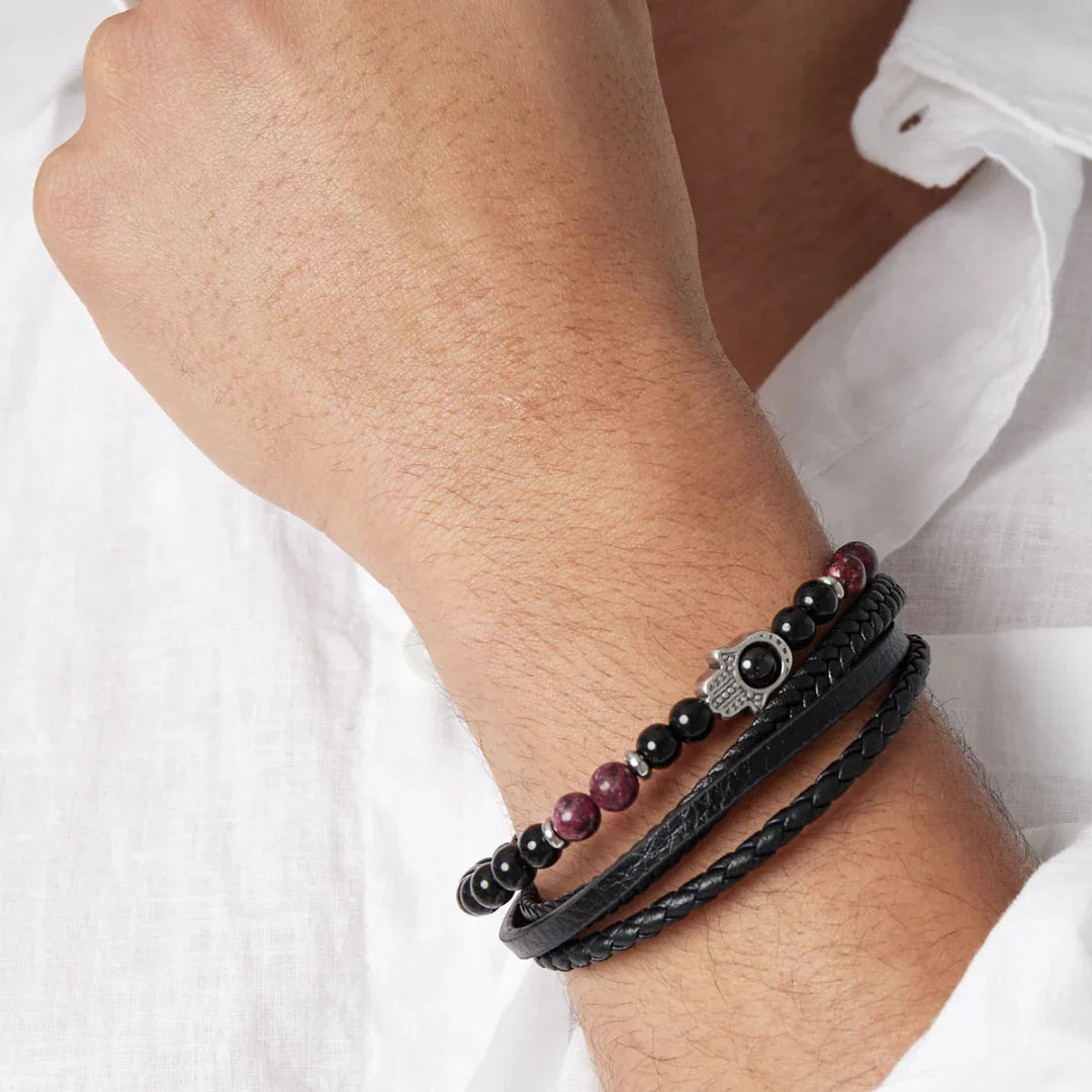 Armband heren zilver, leer, kralen