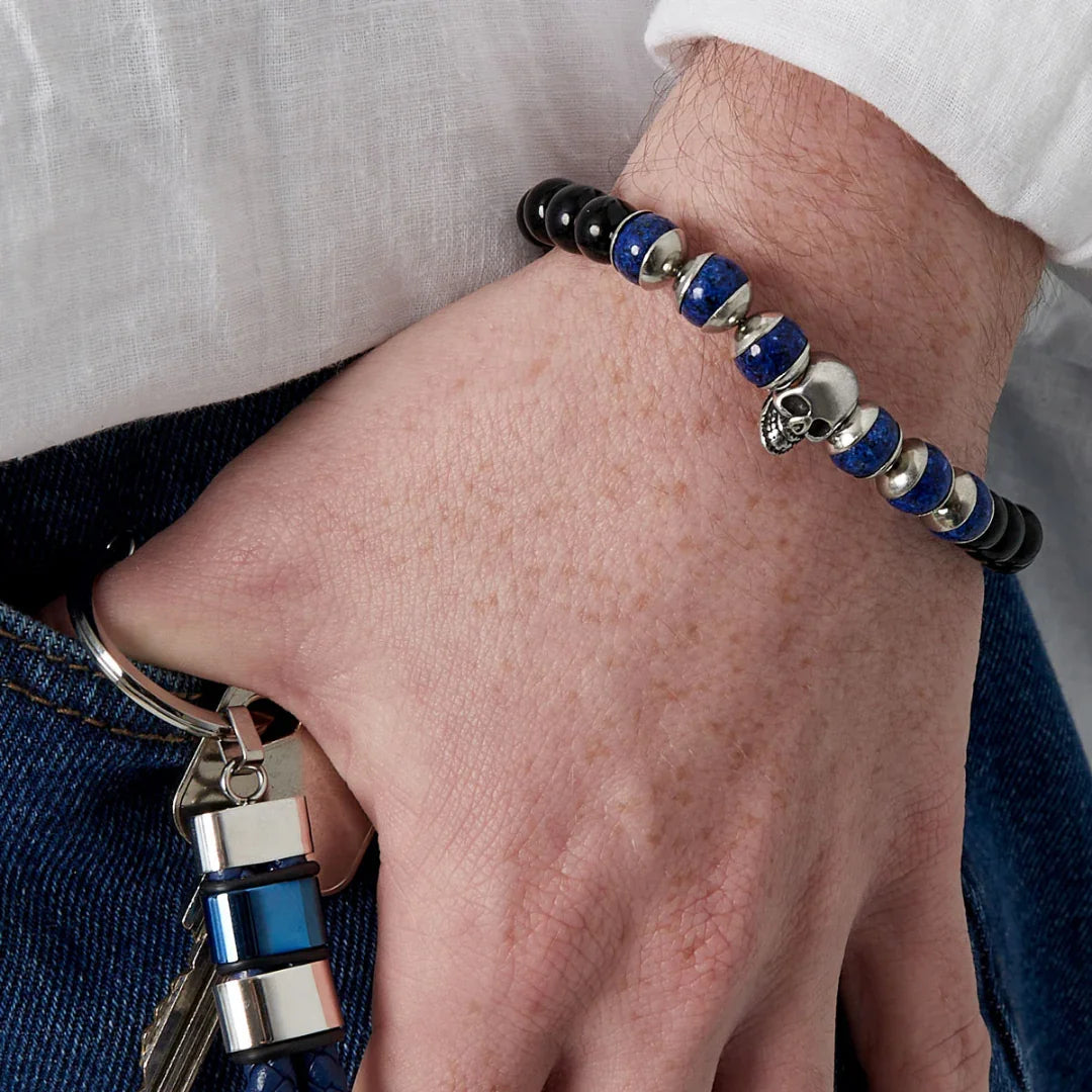 Armband heren Stylish skull kralen, zilver/zwart
