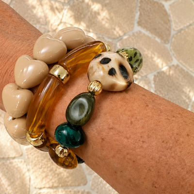 Beige groene & amber mixed kralenarmband