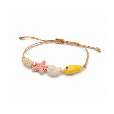 Geel-roze verstelbaar rope armbandje met zeedieren