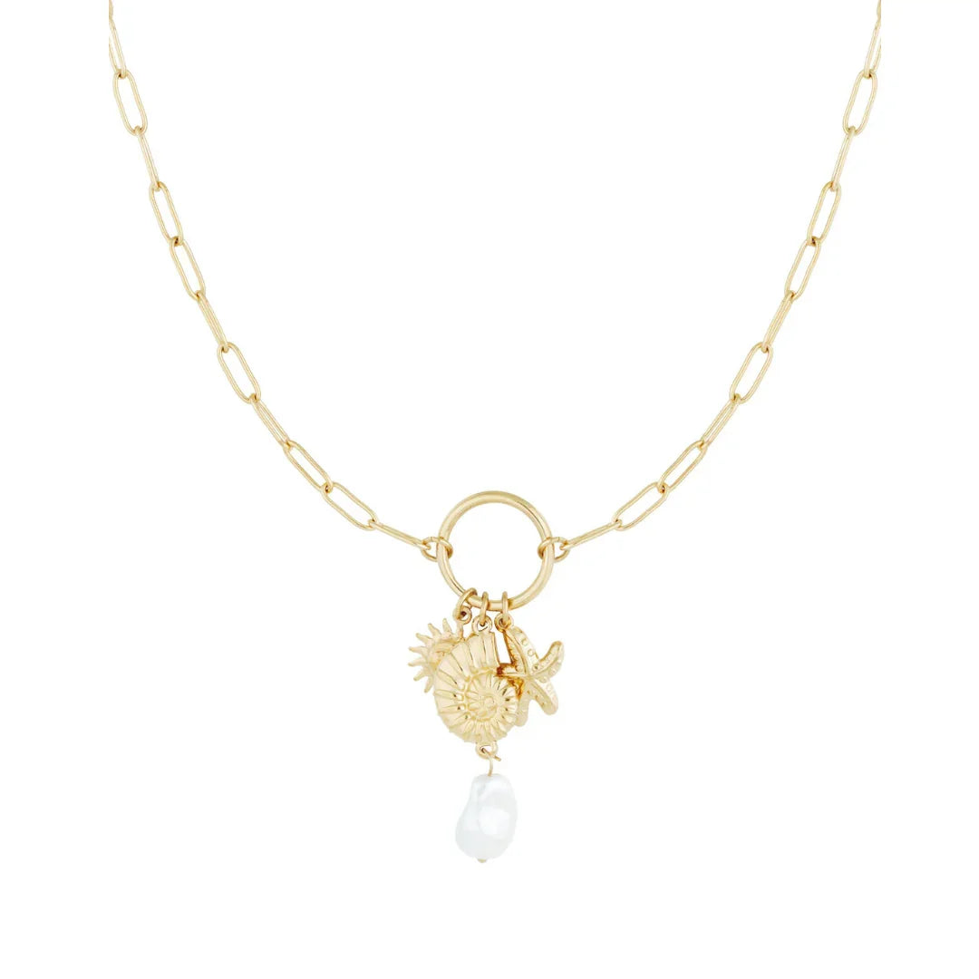 Gouden ketting met bedel zon schelp parel zeester - Casa Jadel