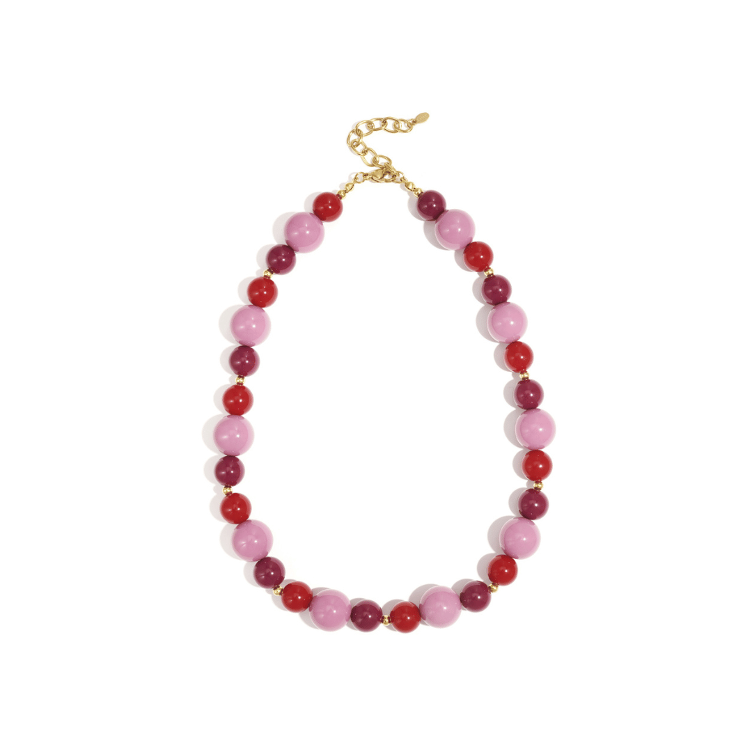 oze en rood gemixte kralenketting met glanzende kralen en goudkleurige sluiting.